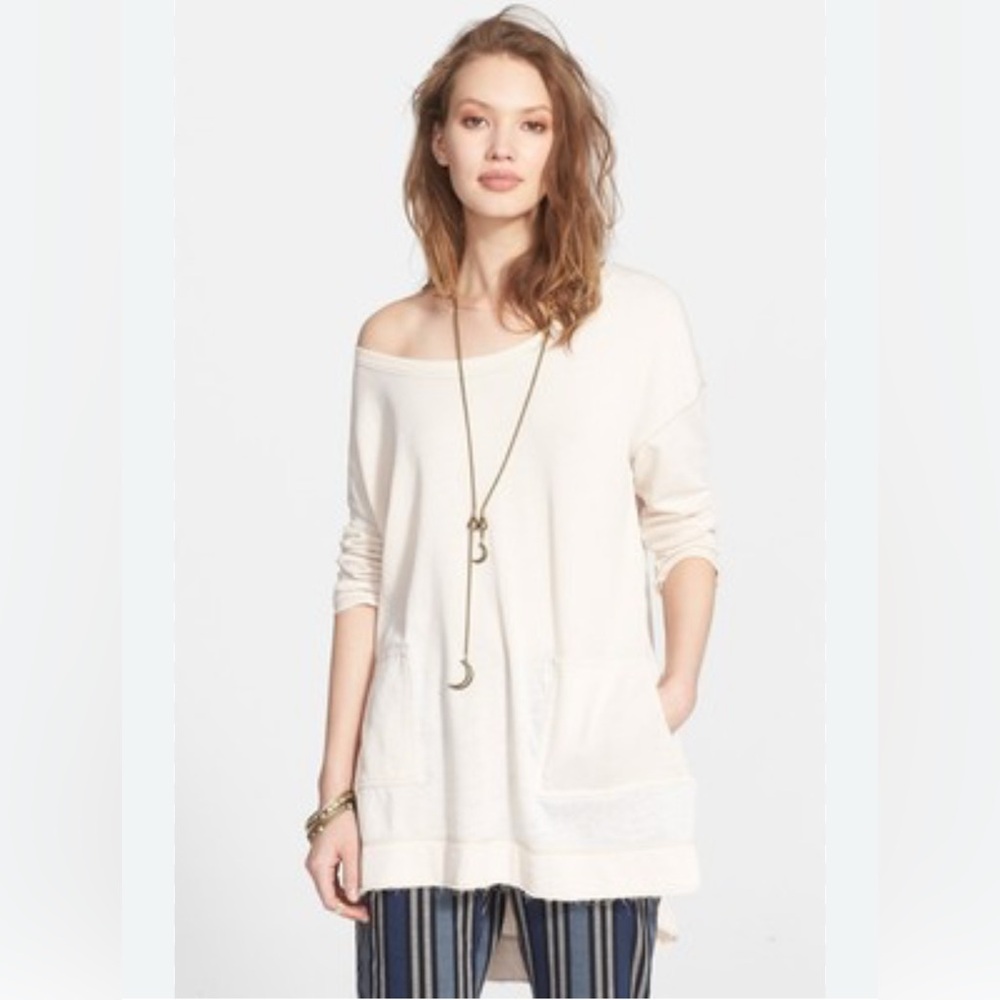 Free People Oversized Off-White Terry Knit Tunic Top w/ Pockets | Raw Hem Boho